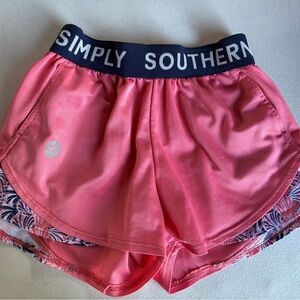 Simply Southern girls youth medium Coral Pink Shorts with Navy Waistband
